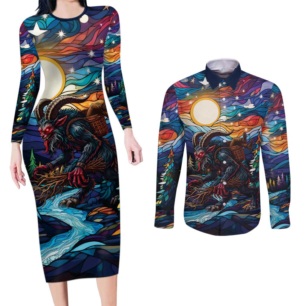 Stained Glass Krampus Couples Matching Long Sleeve Bodycon Dress and Long Sleeve Button Shirt Folklore Horror Art - Wonder Print Shop