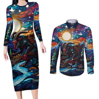 Stained Glass Krampus Couples Matching Long Sleeve Bodycon Dress and Long Sleeve Button Shirt Folklore Horror Art - Wonder Print Shop