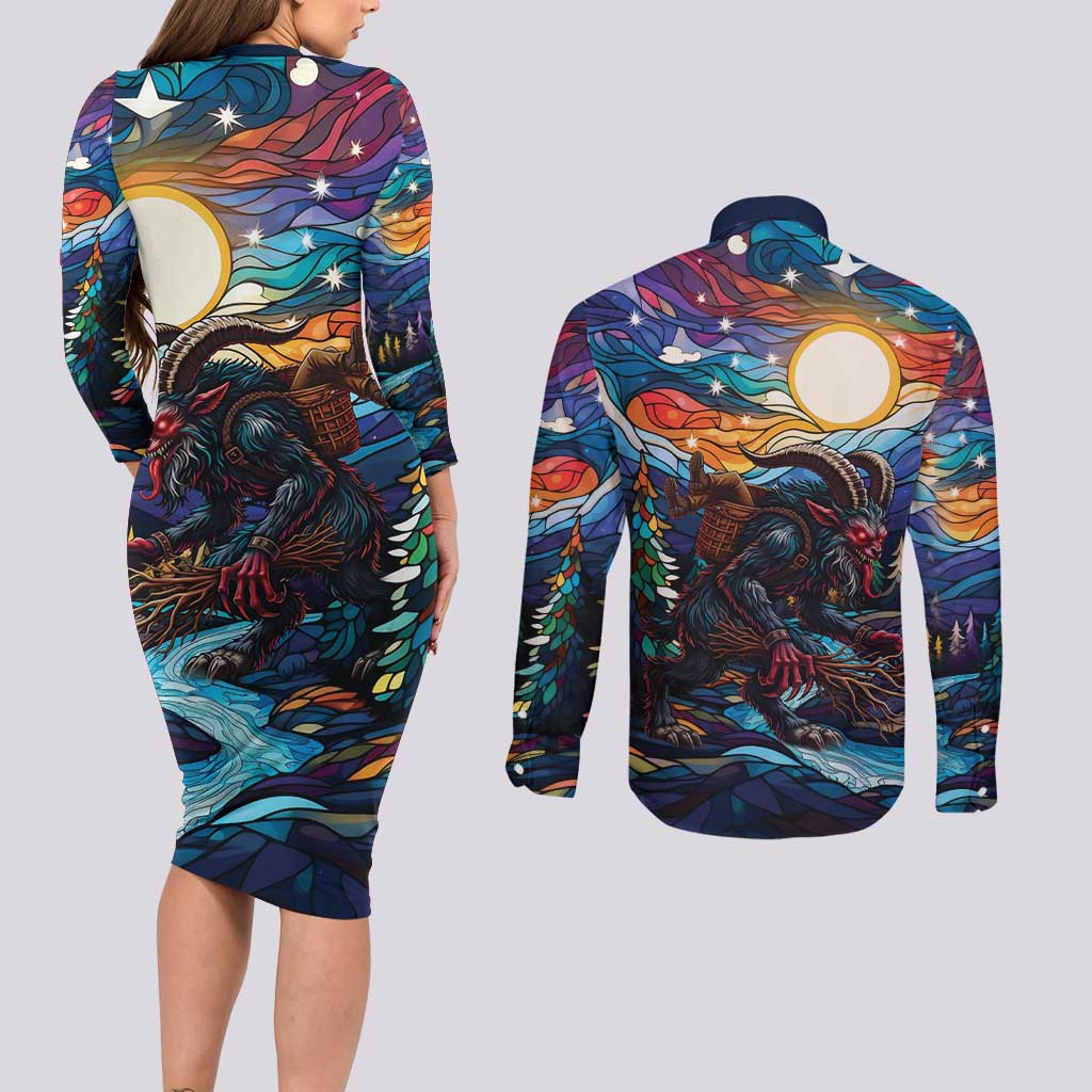 Stained Glass Krampus Couples Matching Long Sleeve Bodycon Dress and Long Sleeve Button Shirt Folklore Horror Art - Wonder Print Shop