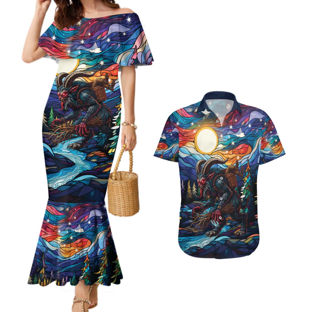 Stained Glass Krampus Couples Matching Mermaid Dress and Hawaiian Shirt Folklore Horror Art - Wonder Print Shop
