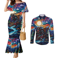 Stained Glass Krampus Couples Matching Mermaid Dress and Long Sleeve Button Shirt Folklore Horror Art - Wonder Print Shop