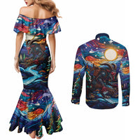 Stained Glass Krampus Couples Matching Mermaid Dress and Long Sleeve Button Shirt Folklore Horror Art - Wonder Print Shop