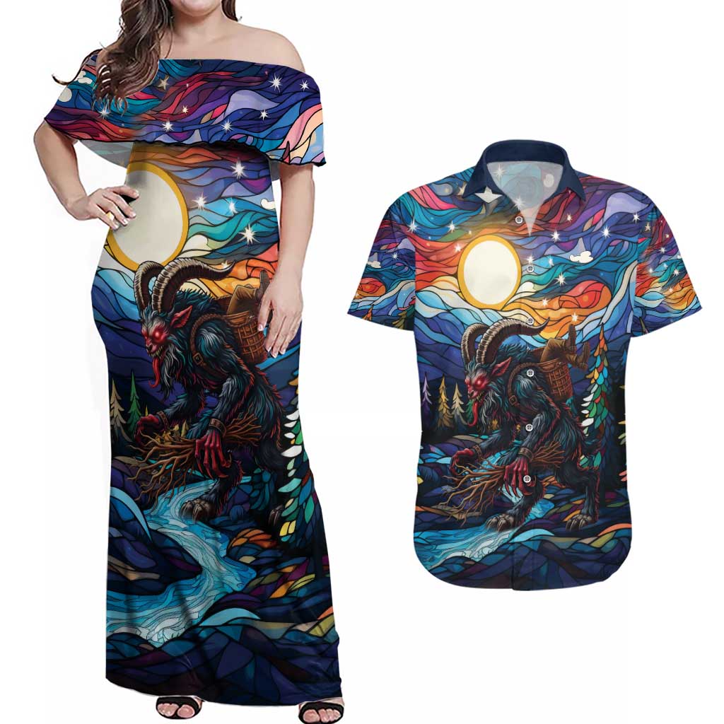 Stained Glass Krampus Couples Matching Off Shoulder Maxi Dress and Hawaiian Shirt Folklore Horror Art - Wonder Print Shop