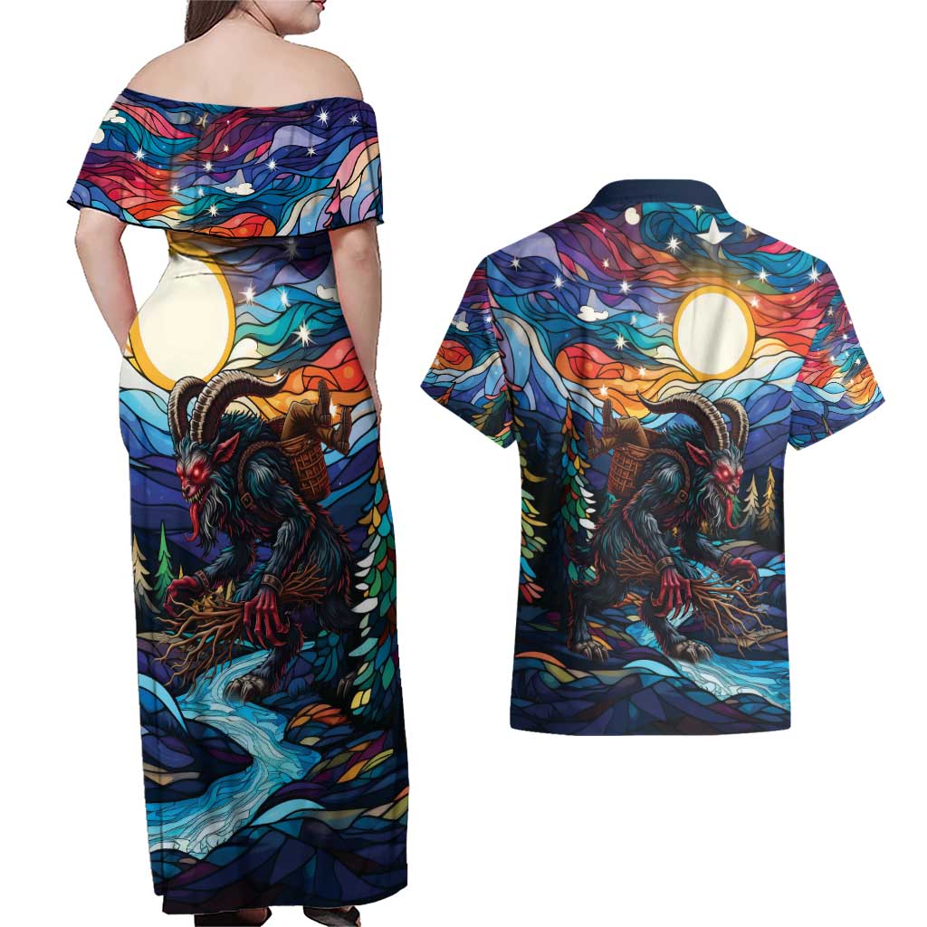 Stained Glass Krampus Couples Matching Off Shoulder Maxi Dress and Hawaiian Shirt Folklore Horror Art - Wonder Print Shop