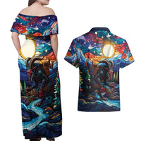 Stained Glass Krampus Couples Matching Off Shoulder Maxi Dress and Hawaiian Shirt Folklore Horror Art - Wonder Print Shop