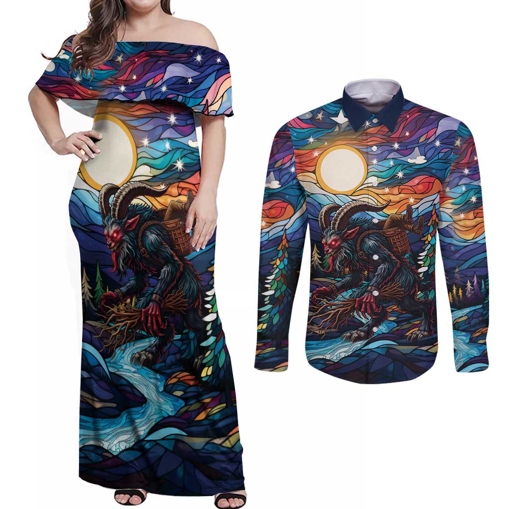 Stained Glass Krampus Couples Matching Off Shoulder Maxi Dress and Long Sleeve Button Shirt Folklore Horror Art - Wonder Print Shop