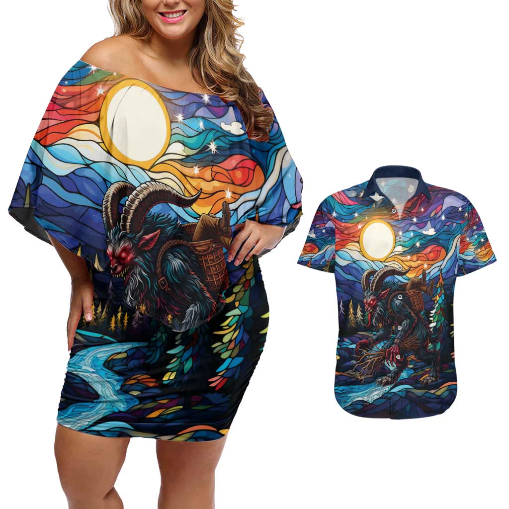 Stained Glass Krampus Couples Matching Off Shoulder Short Dress and Hawaiian Shirt Folklore Horror Art - Wonder Print Shop