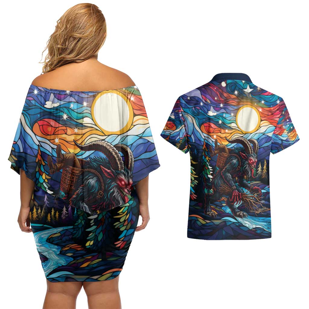 Stained Glass Krampus Couples Matching Off Shoulder Short Dress and Hawaiian Shirt Folklore Horror Art - Wonder Print Shop