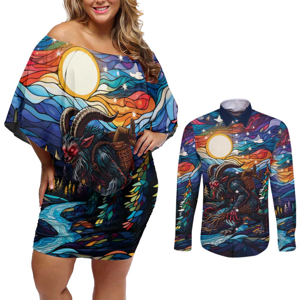 Stained Glass Krampus Couples Matching Off Shoulder Short Dress and Long Sleeve Button Shirt Folklore Horror Art - Wonder Print Shop
