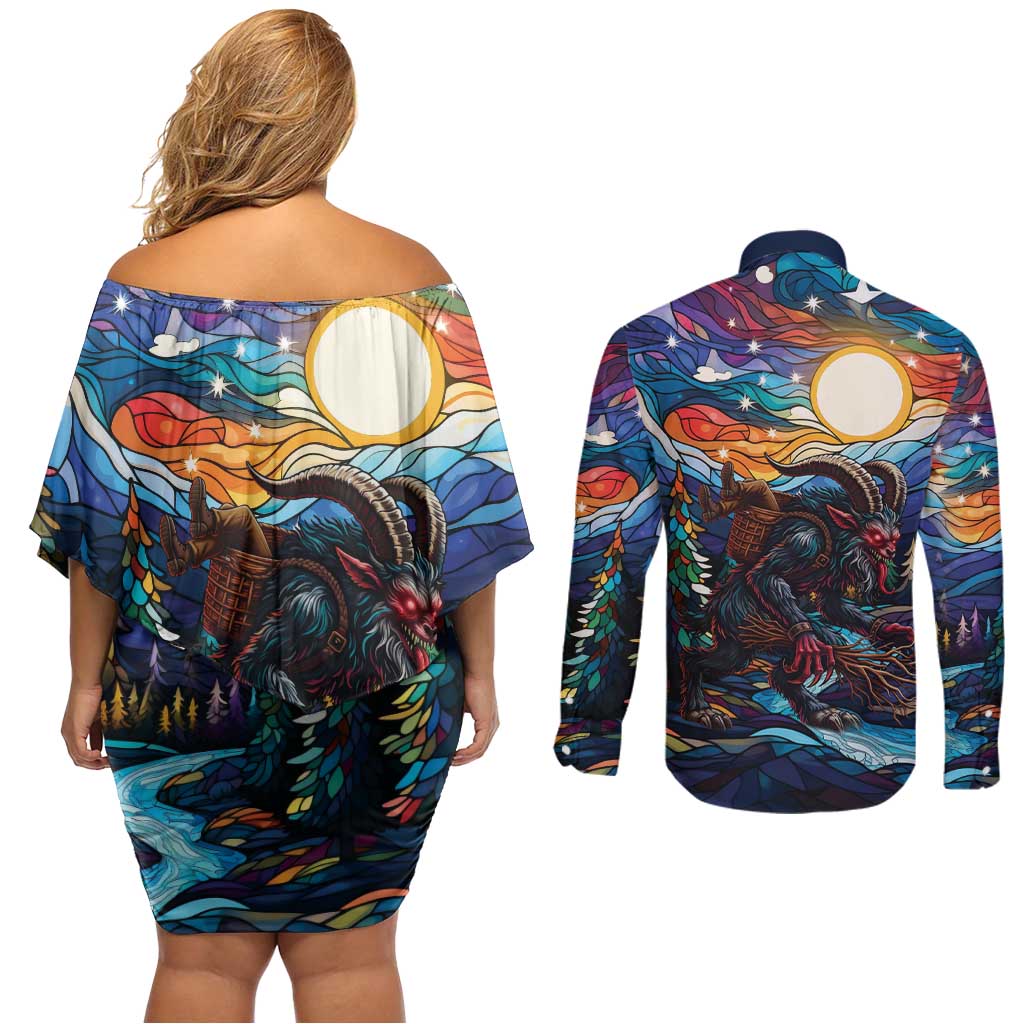 Stained Glass Krampus Couples Matching Off Shoulder Short Dress and Long Sleeve Button Shirt Folklore Horror Art - Wonder Print Shop