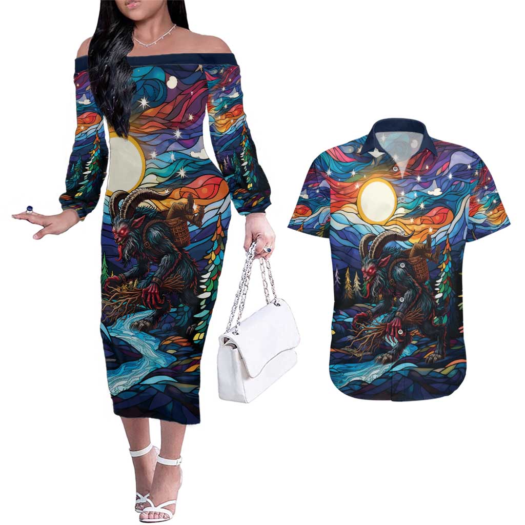 Stained Glass Krampus Couples Matching Off The Shoulder Long Sleeve Dress and Hawaiian Shirt Folklore Horror Art - Wonder Print Shop