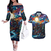 Stained Glass Krampus Couples Matching Off The Shoulder Long Sleeve Dress and Hawaiian Shirt Folklore Horror Art - Wonder Print Shop
