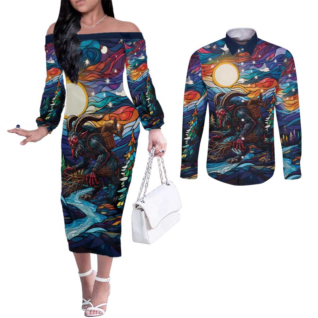 Stained Glass Krampus Couples Matching Off The Shoulder Long Sleeve Dress and Long Sleeve Button Shirt Folklore Horror Art - Wonder Print Shop