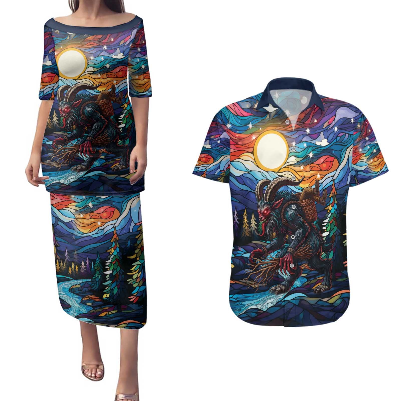 Stained Glass Krampus Couples Matching Puletasi and Hawaiian Shirt Folklore Horror Art - Wonder Print Shop