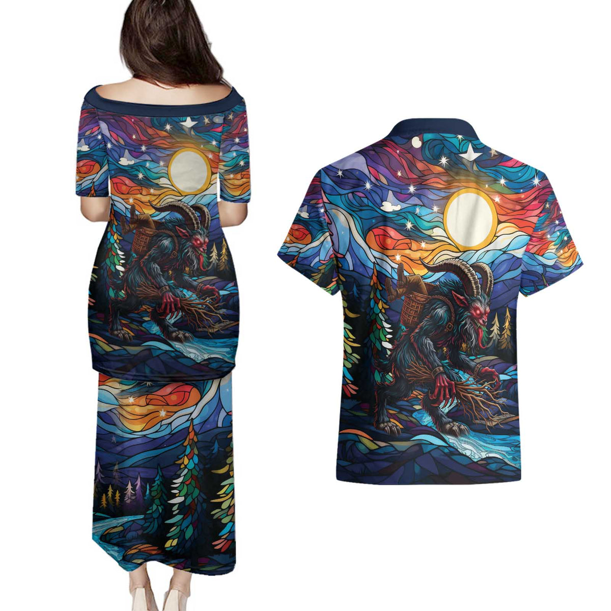 Stained Glass Krampus Couples Matching Puletasi and Hawaiian Shirt Folklore Horror Art - Wonder Print Shop