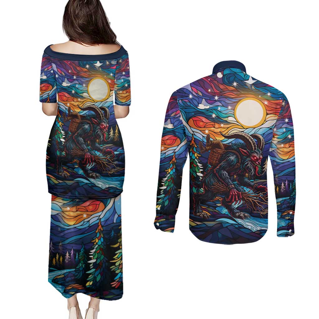 Stained Glass Krampus Couples Matching Puletasi and Long Sleeve Button Shirt Folklore Horror Art - Wonder Print Shop