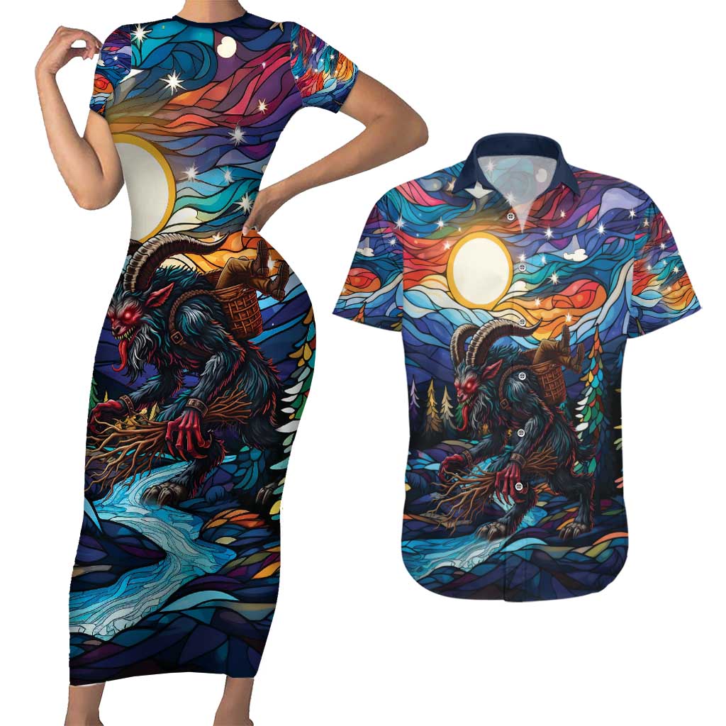 Stained Glass Krampus Couples Matching Short Sleeve Bodycon Dress and Hawaiian Shirt Folklore Horror Art - Wonder Print Shop