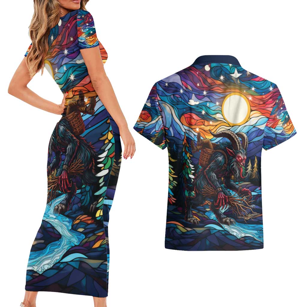 Stained Glass Krampus Couples Matching Short Sleeve Bodycon Dress and Hawaiian Shirt Folklore Horror Art - Wonder Print Shop