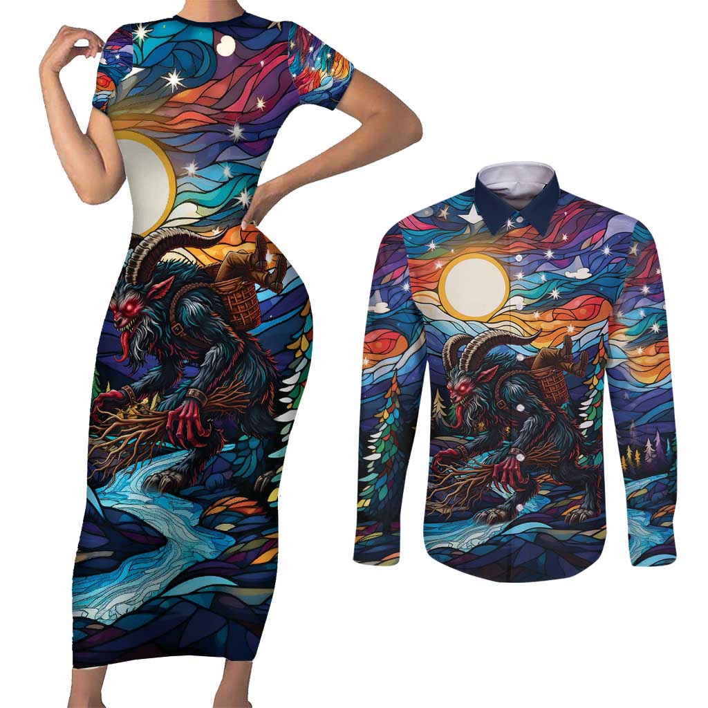 Stained Glass Krampus Couples Matching Short Sleeve Bodycon Dress and Long Sleeve Button Shirt Folklore Horror Art - Wonder Print Shop