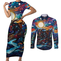 Stained Glass Krampus Couples Matching Short Sleeve Bodycon Dress and Long Sleeve Button Shirt Folklore Horror Art - Wonder Print Shop