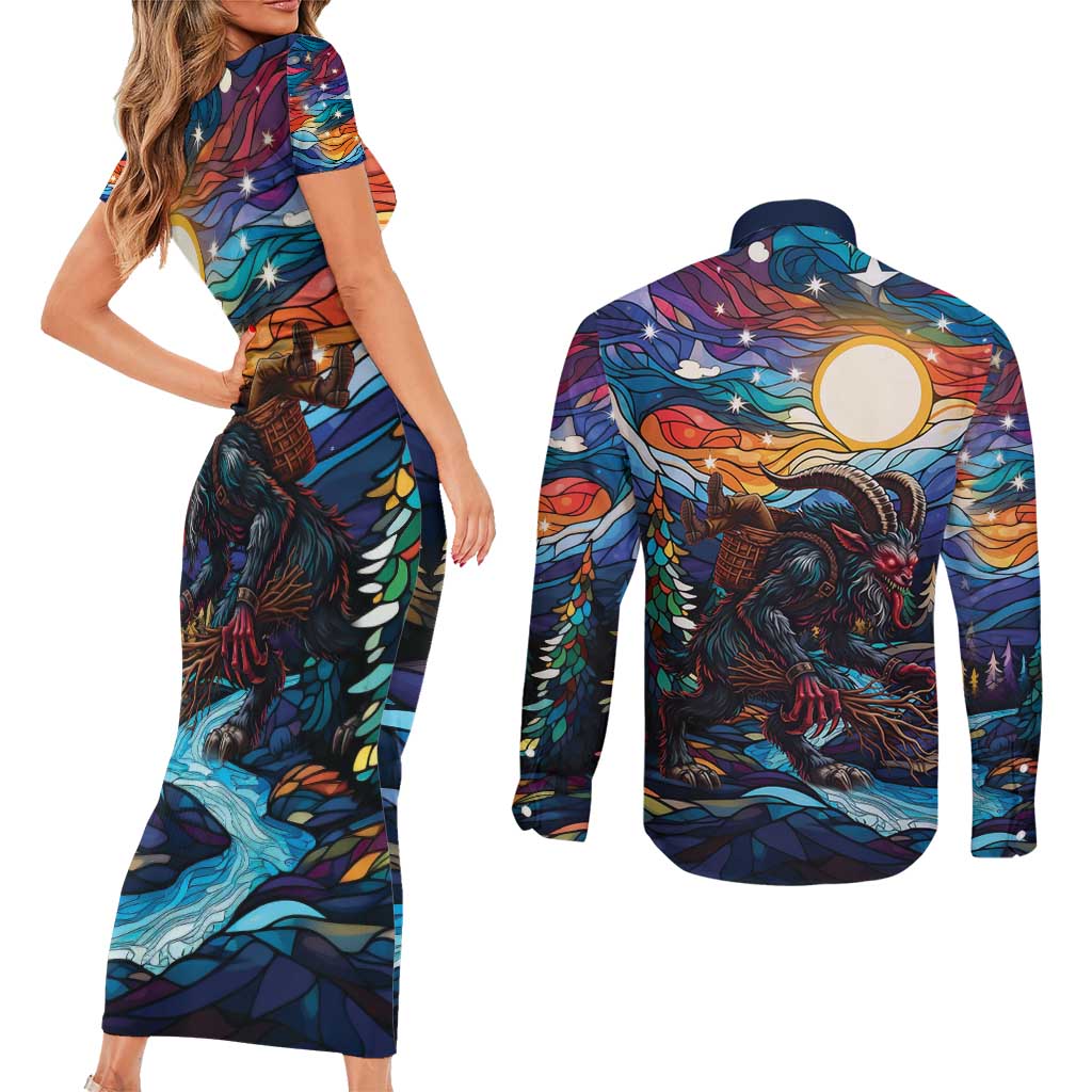 Stained Glass Krampus Couples Matching Short Sleeve Bodycon Dress and Long Sleeve Button Shirt Folklore Horror Art - Wonder Print Shop