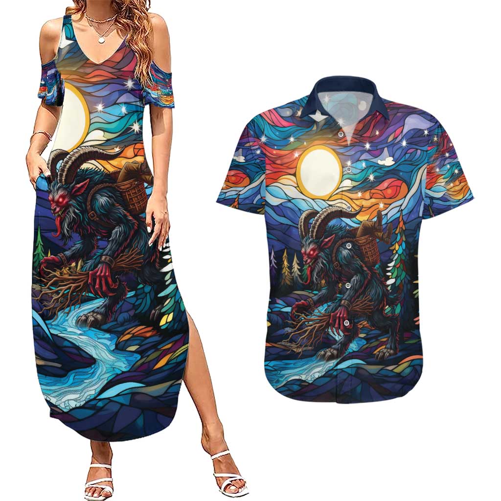 Stained Glass Krampus Couples Matching Summer Maxi Dress and Hawaiian Shirt Folklore Horror Art - Wonder Print Shop