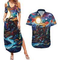 Stained Glass Krampus Couples Matching Summer Maxi Dress and Hawaiian Shirt Folklore Horror Art - Wonder Print Shop