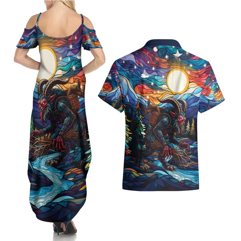 Stained Glass Krampus Couples Matching Summer Maxi Dress and Hawaiian Shirt Folklore Horror Art - Wonder Print Shop