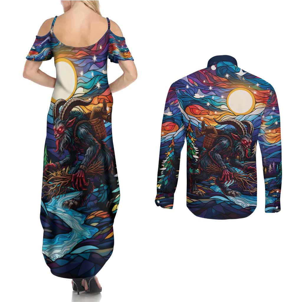 Stained Glass Krampus Couples Matching Summer Maxi Dress and Long Sleeve Button Shirt Folklore Horror Art - Wonder Print Shop
