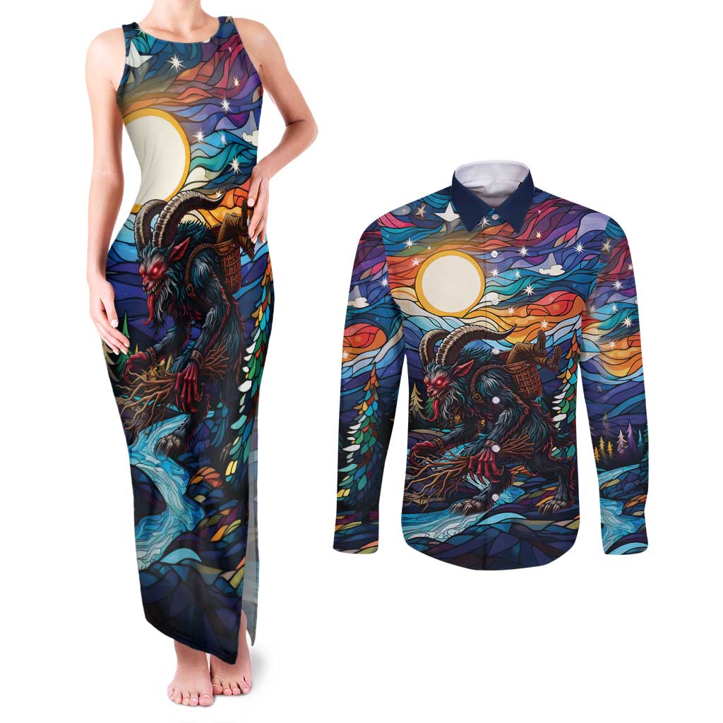 Stained Glass Krampus Couples Matching Tank Maxi Dress and Long Sleeve Button Shirt Folklore Horror Art - Wonder Print Shop