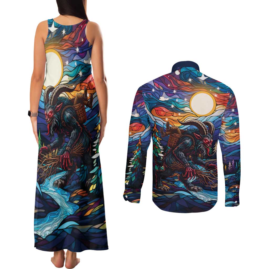 Stained Glass Krampus Couples Matching Tank Maxi Dress and Long Sleeve Button Shirt Folklore Horror Art - Wonder Print Shop