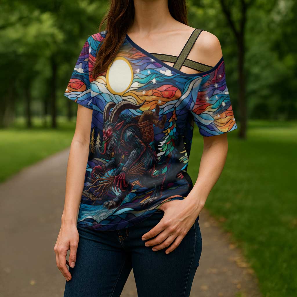 Stained Glass Krampus Cross Shoulder Shirt Folklore Horror Art - Wonder Print Shop