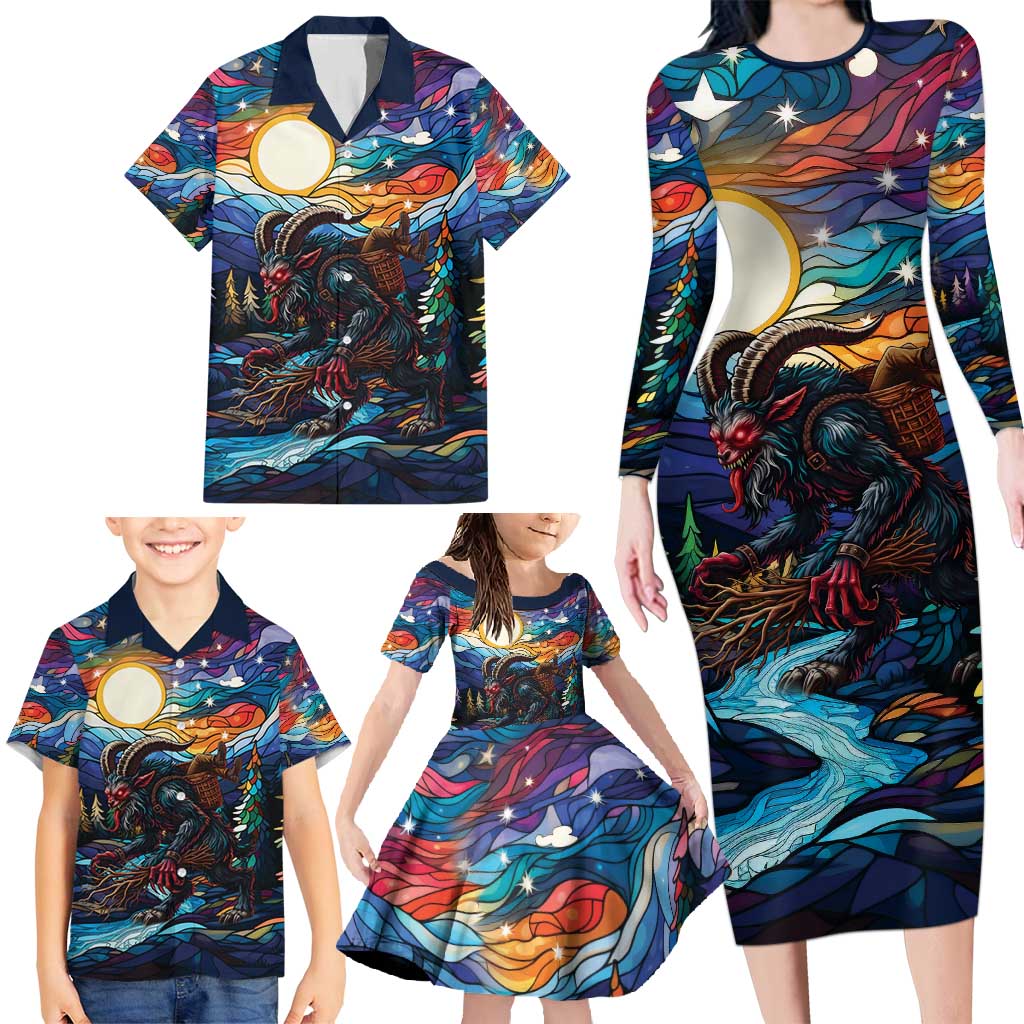 Stained Glass Krampus Family Matching Long Sleeve Bodycon Dress and Hawaiian Shirt Folklore Horror Art - Wonder Print Shop