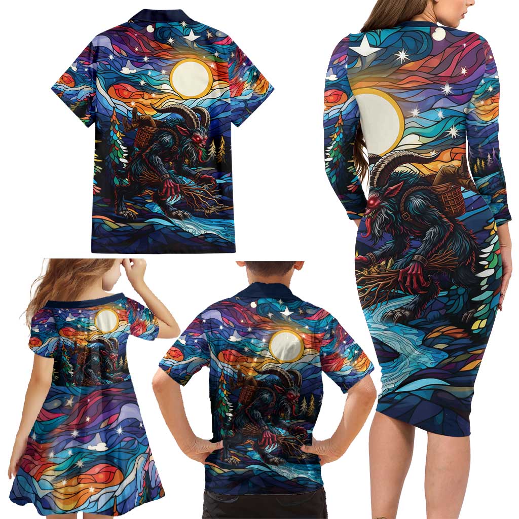 Stained Glass Krampus Family Matching Long Sleeve Bodycon Dress and Hawaiian Shirt Folklore Horror Art - Wonder Print Shop