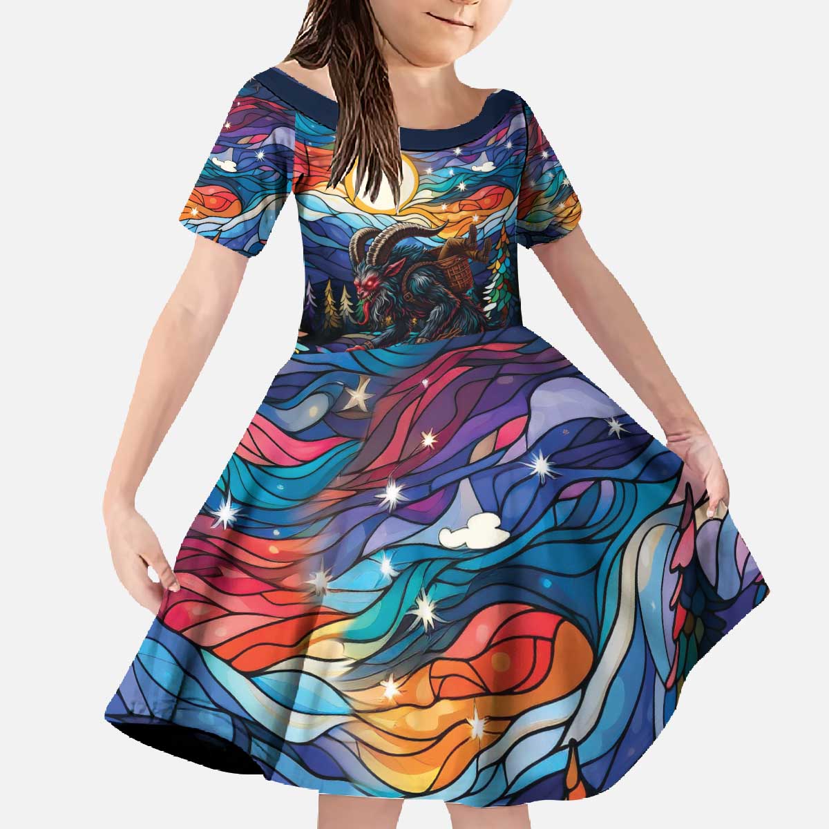 Stained Glass Krampus Family Matching Off The Shoulder Long Sleeve Dress and Hawaiian Shirt Folklore Horror Art - Wonder Print Shop