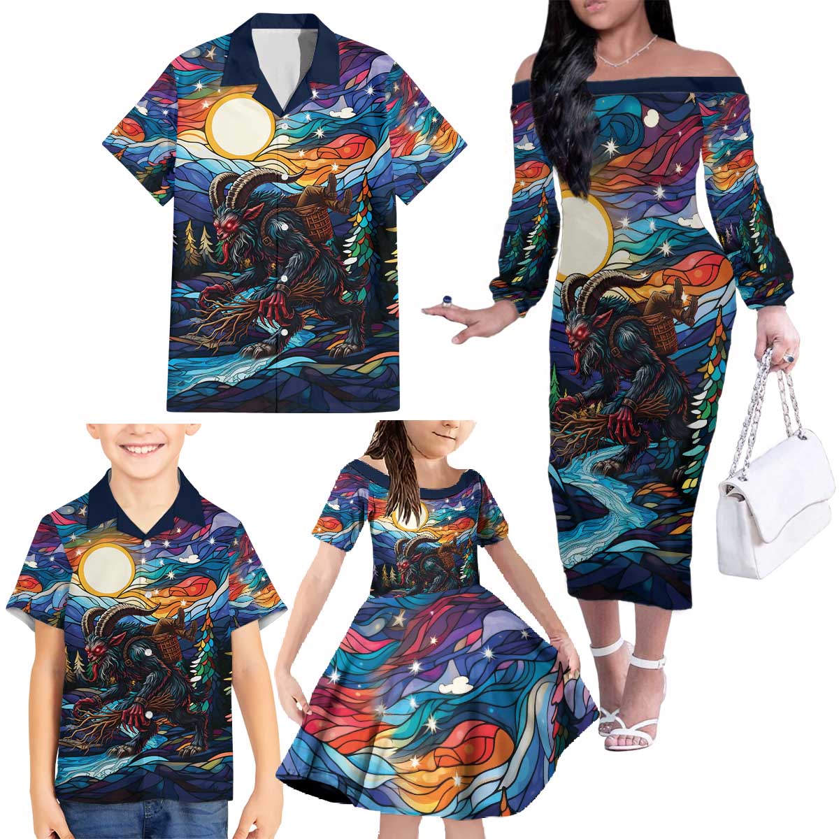 Stained Glass Krampus Family Matching Off The Shoulder Long Sleeve Dress and Hawaiian Shirt Folklore Horror Art - Wonder Print Shop