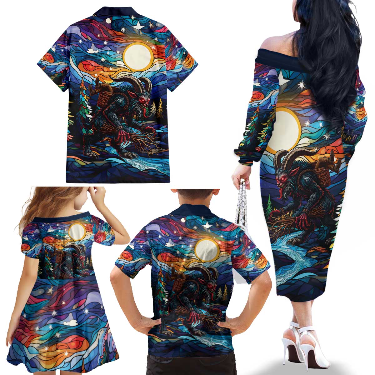 Stained Glass Krampus Family Matching Off The Shoulder Long Sleeve Dress and Hawaiian Shirt Folklore Horror Art - Wonder Print Shop