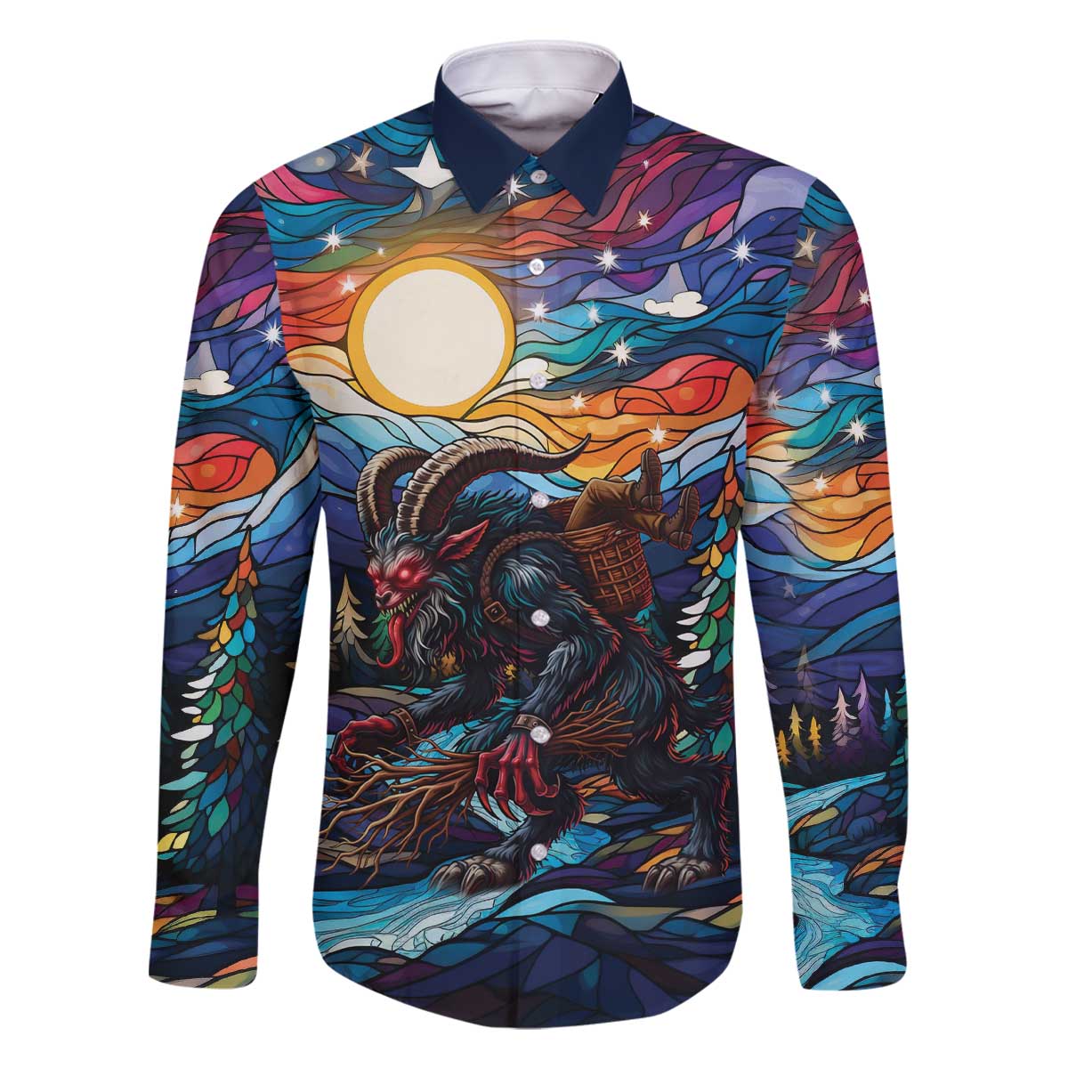 Stained Glass Krampus Family Matching Off The Shoulder Long Sleeve Dress and Hawaiian Shirt Folklore Horror Art - Wonder Print Shop
