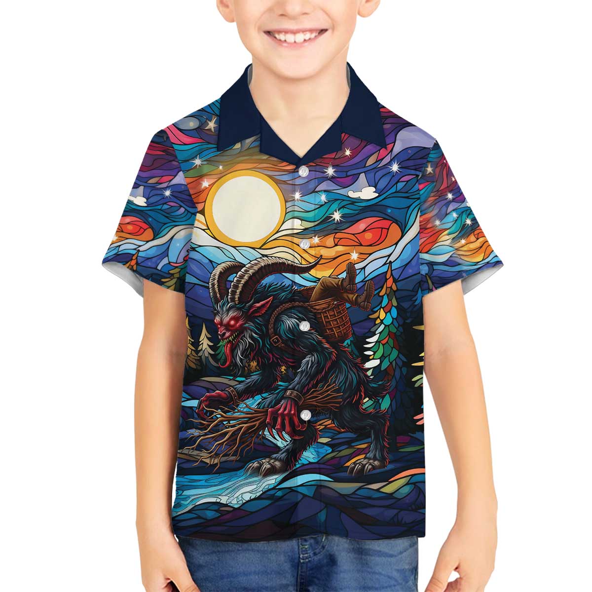 Stained Glass Krampus Family Matching Off The Shoulder Long Sleeve Dress and Hawaiian Shirt Folklore Horror Art - Wonder Print Shop