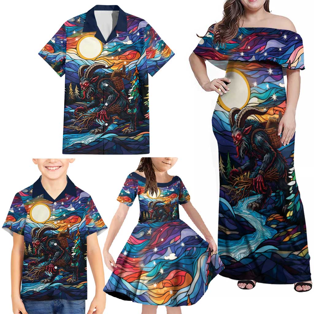 Stained Glass Krampus Family Matching Off Shoulder Maxi Dress and Hawaiian Shirt Folklore Horror Art - Wonder Print Shop