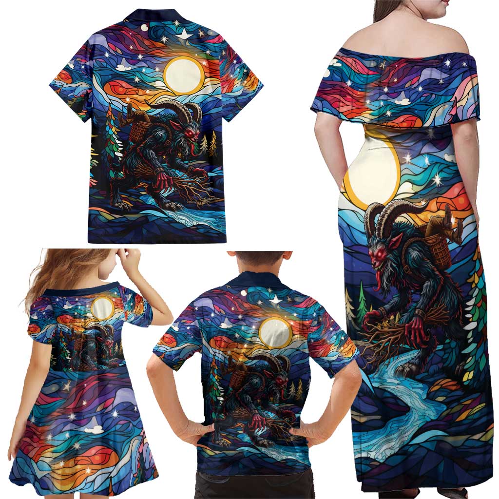 Stained Glass Krampus Family Matching Off Shoulder Maxi Dress and Hawaiian Shirt Folklore Horror Art - Wonder Print Shop