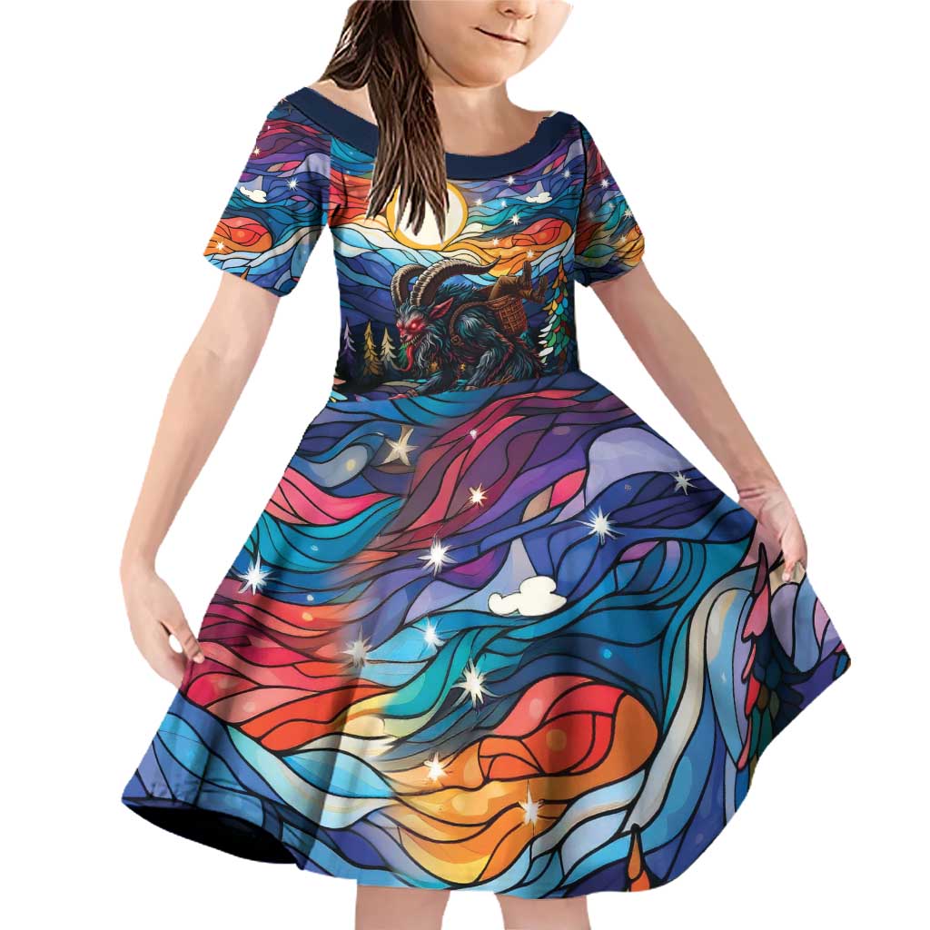Stained Glass Krampus Family Matching Off Shoulder Short Dress and Hawaiian Shirt Folklore Horror Art - Wonder Print Shop