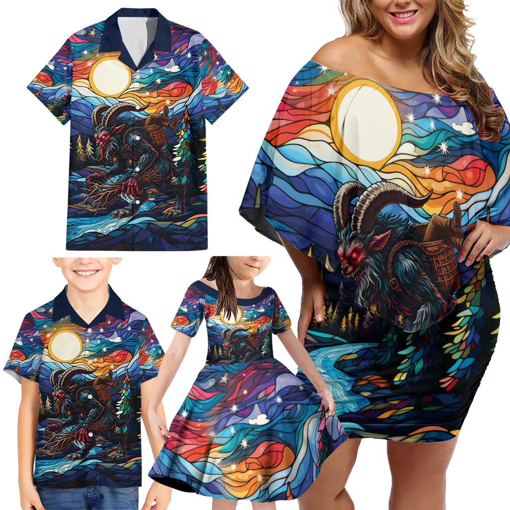 Stained Glass Krampus Family Matching Off Shoulder Short Dress and Hawaiian Shirt Folklore Horror Art - Wonder Print Shop
