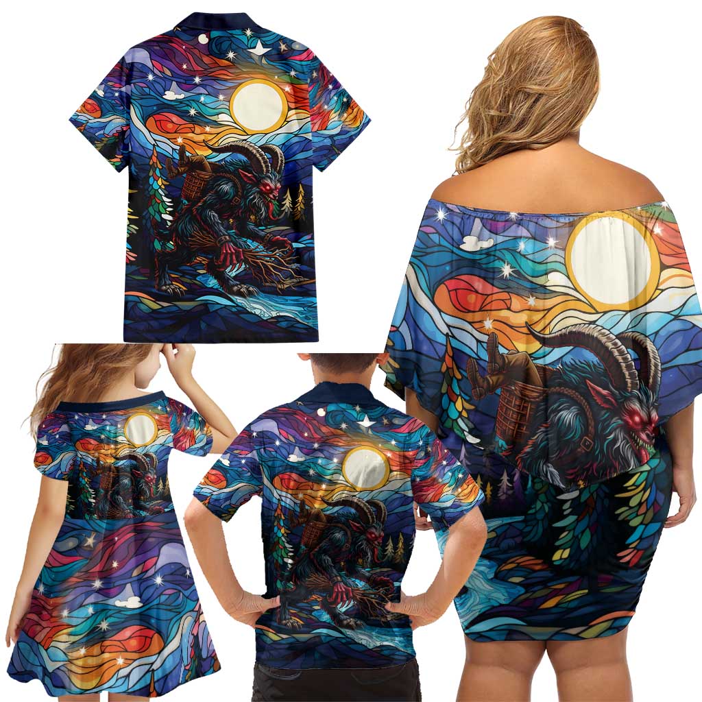 Stained Glass Krampus Family Matching Off Shoulder Short Dress and Hawaiian Shirt Folklore Horror Art - Wonder Print Shop