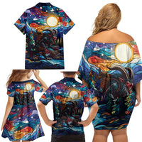 Stained Glass Krampus Family Matching Off Shoulder Short Dress and Hawaiian Shirt Folklore Horror Art - Wonder Print Shop