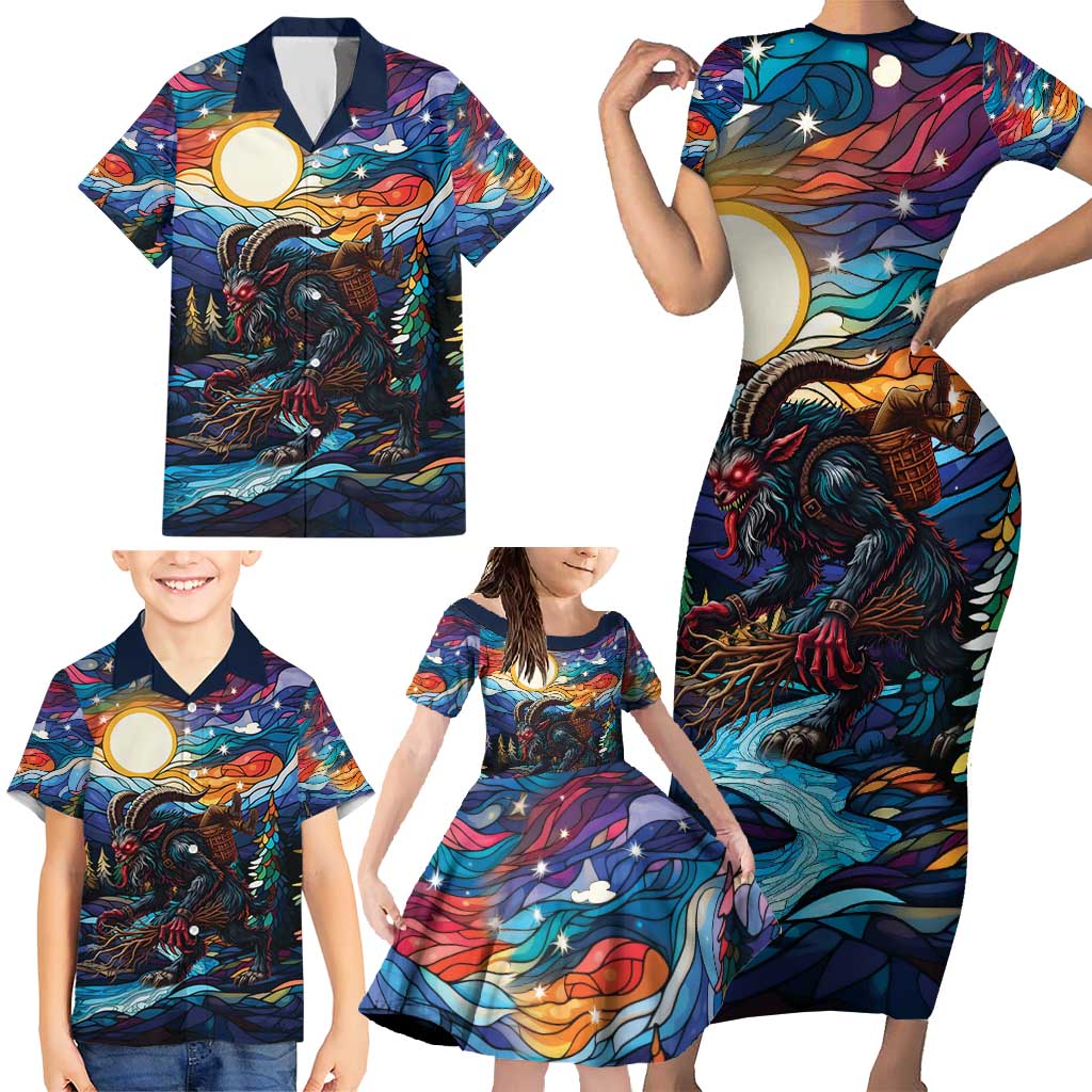 Stained Glass Krampus Family Matching Short Sleeve Bodycon Dress and Hawaiian Shirt Folklore Horror Art - Wonder Print Shop