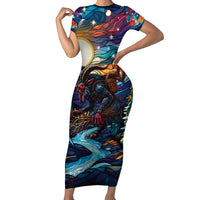 Stained Glass Krampus Family Matching Short Sleeve Bodycon Dress and Hawaiian Shirt Folklore Horror Art - Wonder Print Shop