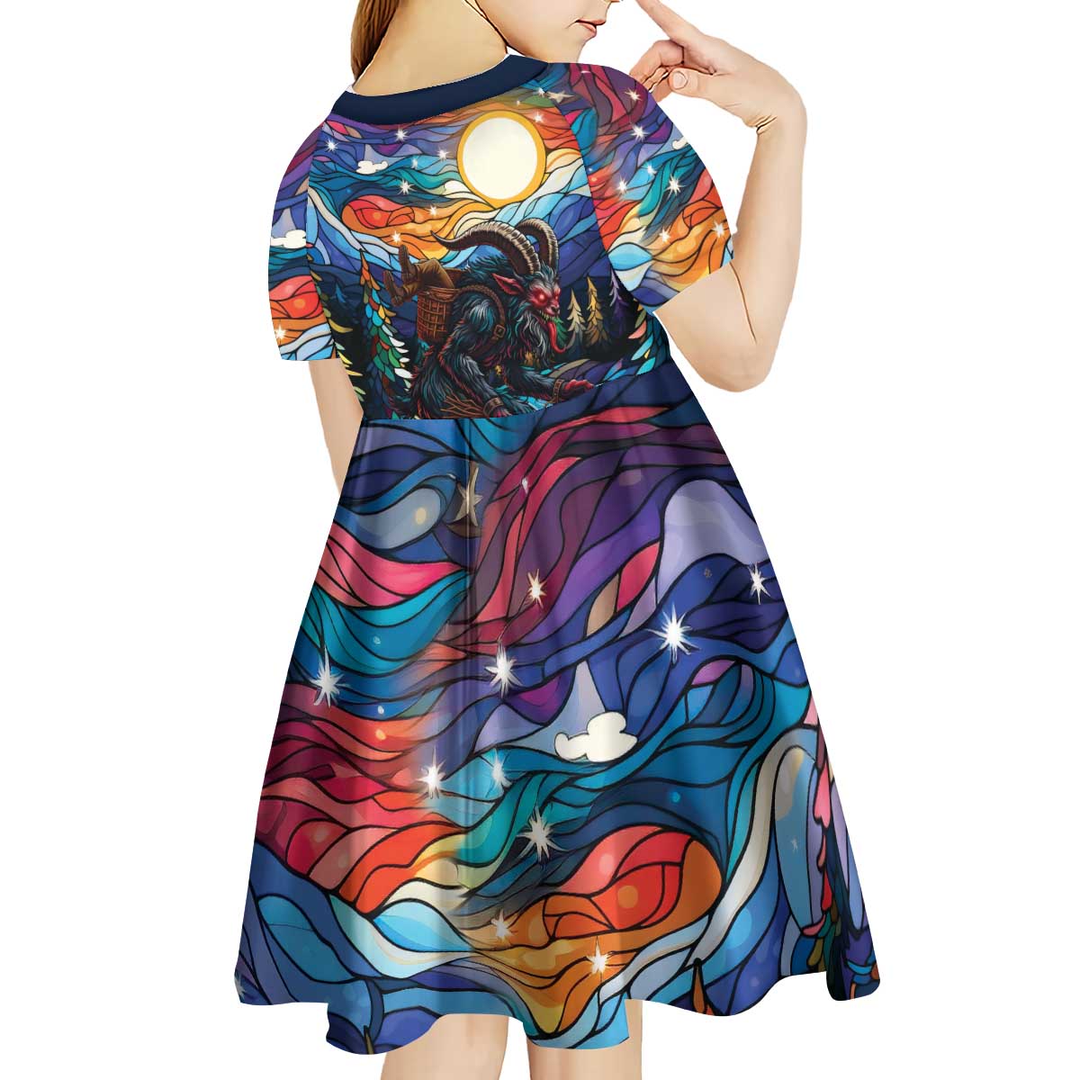 Stained Glass Krampus Kid Short Sleeve Dress Folklore Horror Art - Wonder Print Shop
