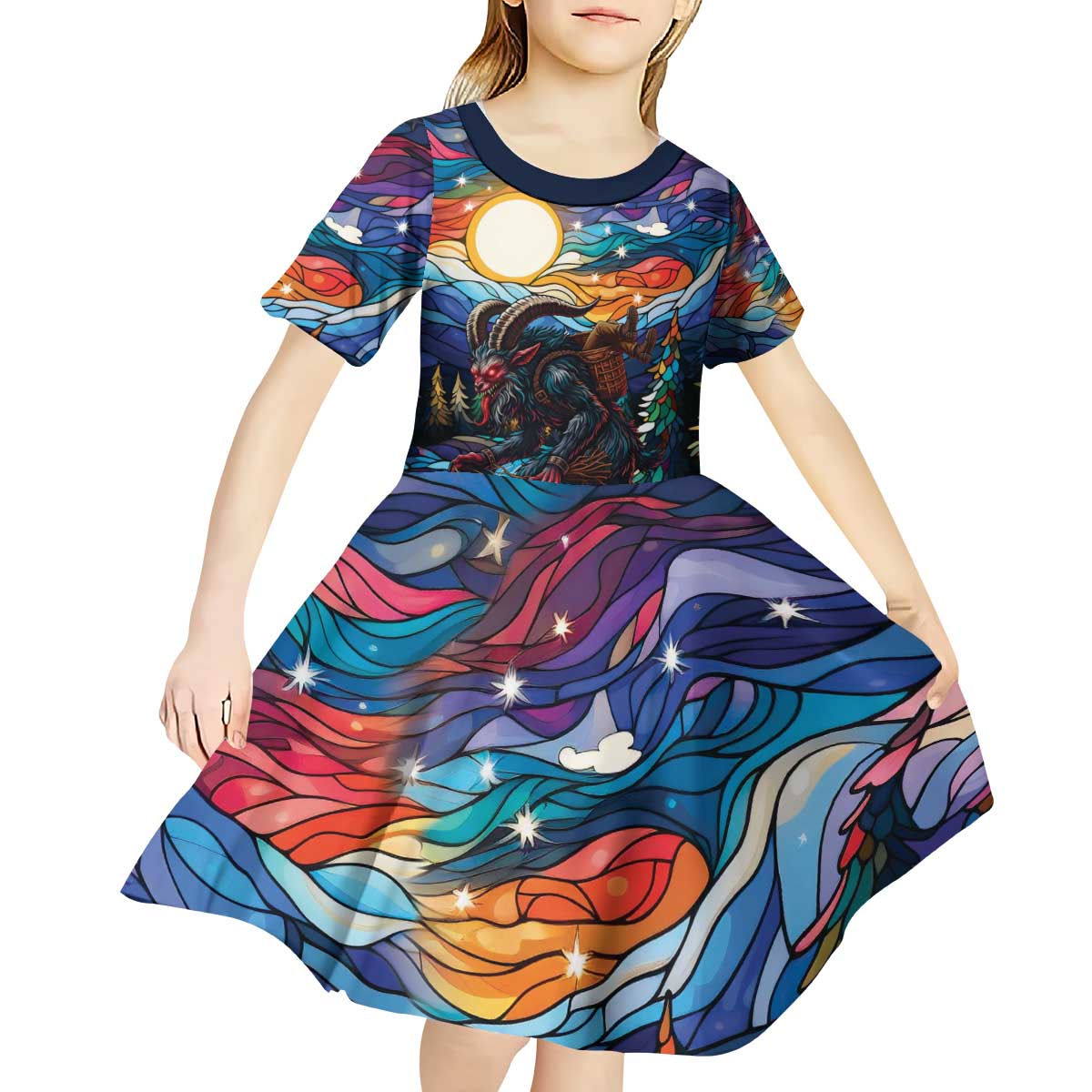 Stained Glass Krampus Kid Short Sleeve Dress Folklore Horror Art - Wonder Print Shop