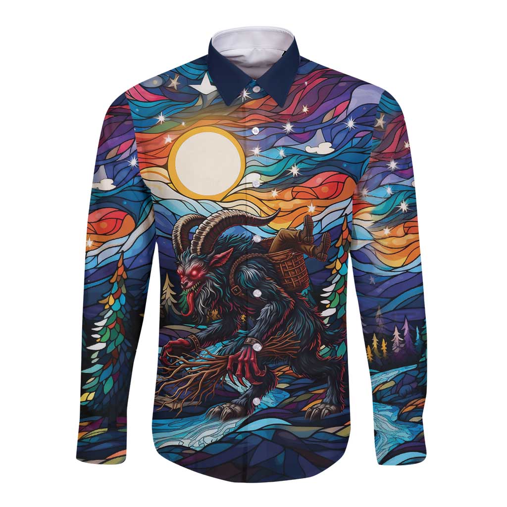 Stained Glass Krampus Long Sleeve Button Shirt Folklore Horror Art - Wonder Print Shop